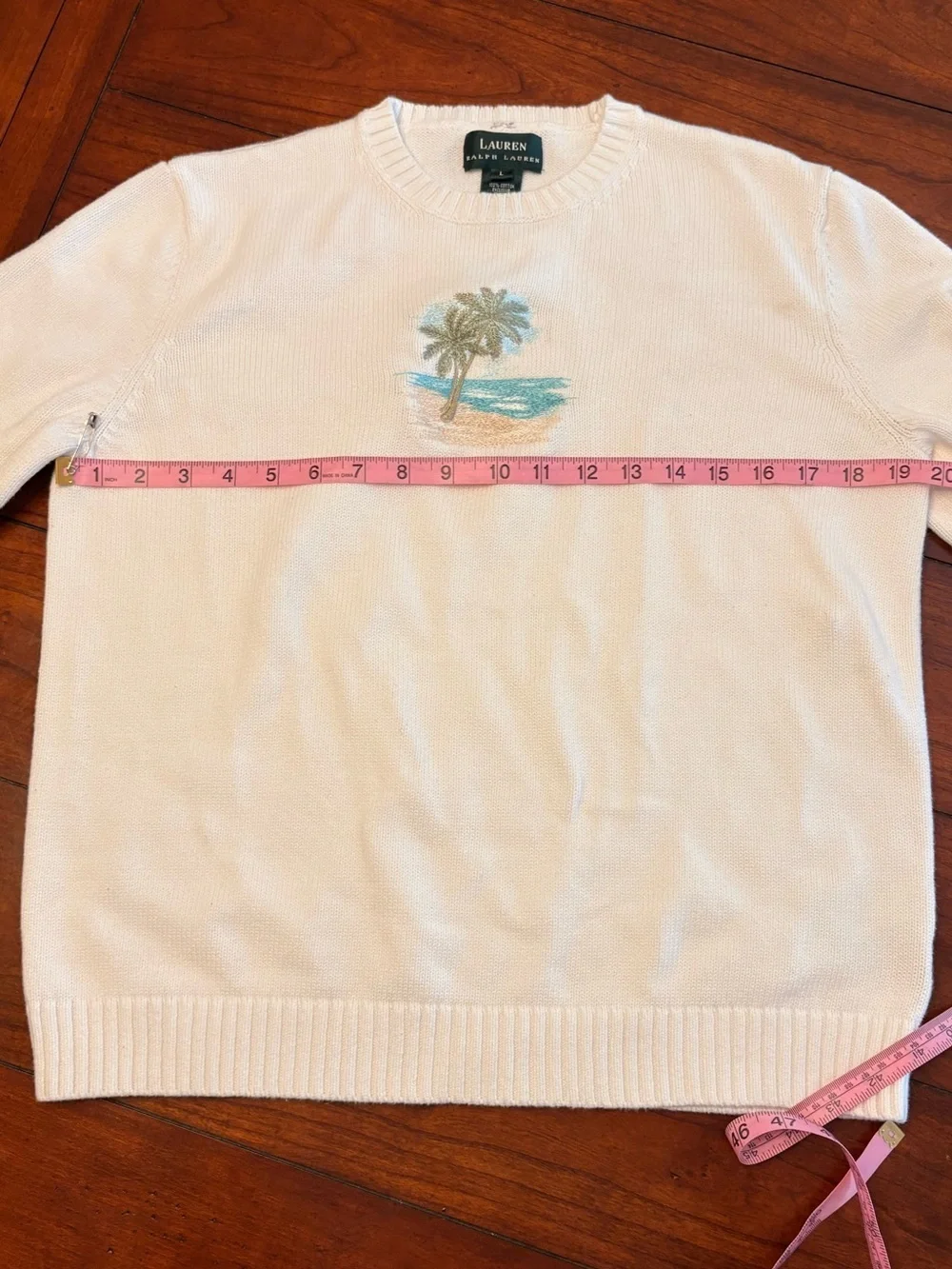 Lauren Ralph Lauren Cream Crewneck Sweater with Palm Embroidery